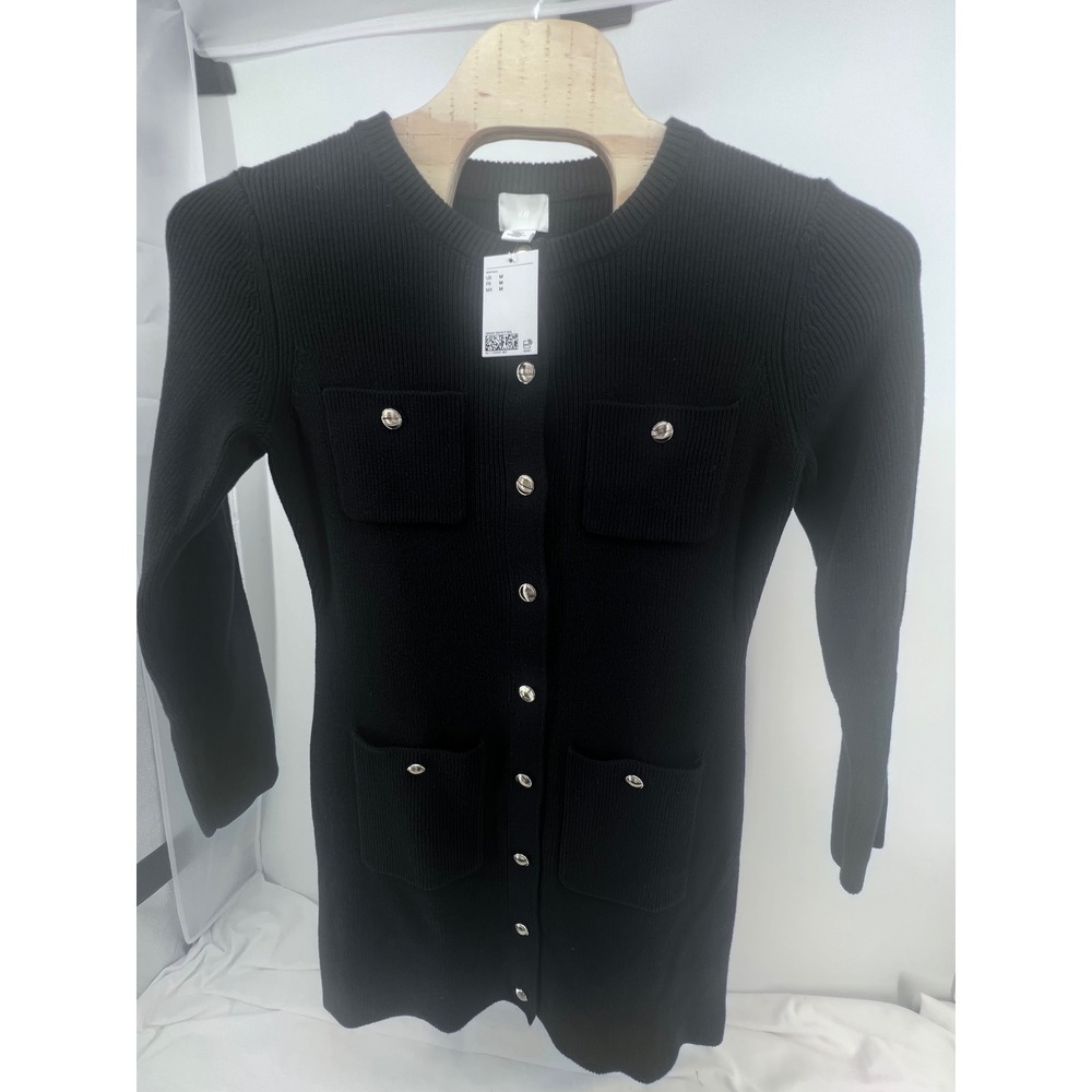 HM Womens Black Ribbed Knit Button Front Cardigan Dress Silver Buttons Size M